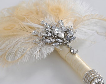 Bridal brooch Bouquet Ostrich alternative Feather Fan Bridal Bouquet Ivory Great Gatsby 1902s bridesmaid fan wedding Roaring 20's  bouquet