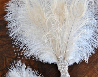 Bridal alternative Ostrich Feather Fan Bridal Bouquet Ivory Great Gatsby 1920s Bouquet Bridesmaid Fan wedding groom feathers boutonniere