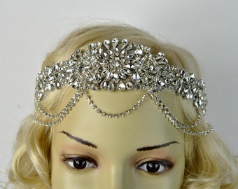 Glamour Rhinestone flapper Gatsby Headband, Chain 1920s Wedding Crystal Headband Headpiece, Bridal Headpiece, 1920s Flapper headband