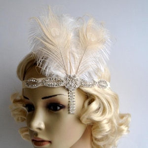 Ivory Peacock 1920s headpiece,rhinestone flapper headband Headpiece, The Great Gatsby, rhinestones headband, rhinestone feather headpiece White/Ivory