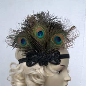 Black Peacock Flapper Feather Headband Great Gatsby headpiece 1920s Flapper rhinestone Headband, Vintage Inspired,Feather, Art Deco headband