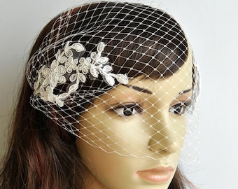 Ivory Lace Bandeau Veil, Birdcage Veil, Wedding Veil, Bridal Veil, Russian Veil,Lace Bird Cage Veil