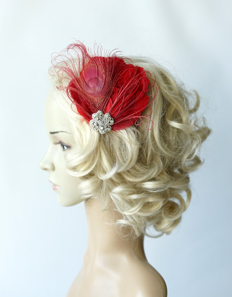 Red Feather Fascinator Hair Clip Abbey 1920's flapper headpiece Red Gatsby christmas headband, red bridal fasciantor feather hair piece image 3