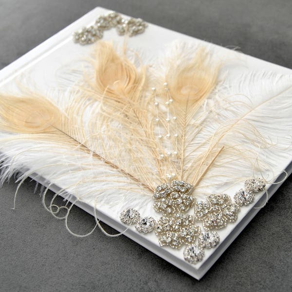 Feather Guest Book, alternative Wedding guest book with peacock feather wedding pen, Crystal Wedding Gift Feather Gatsby 1920 guest book set