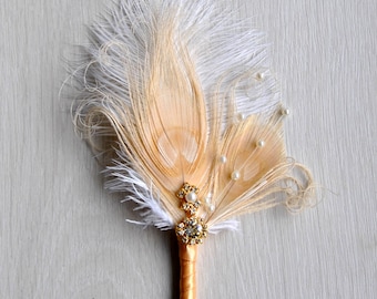 Gold Groom boutonniere Ostrich Feather Bridal Ivory Great Gatsby 1920s groomsmen boutonnire wedding feathers boutonniere button hole pin
