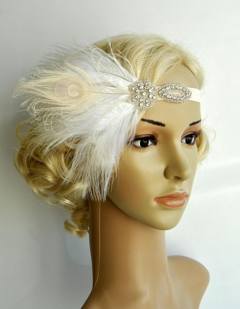 Flapper Feather Headband headpiece hairpiece Great Gatsby 1920s Flapper Crystal Headband Vintage Inspired, Feather bridal headband Hair Clip image 2