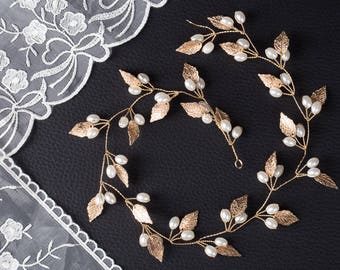 Leaf Bridal Pearl Hair vine Comb Leaf Wedding Hair Comb vine Bridal hair piece 1920s jewellery headpiece NATURE GOLD silver hair accessories