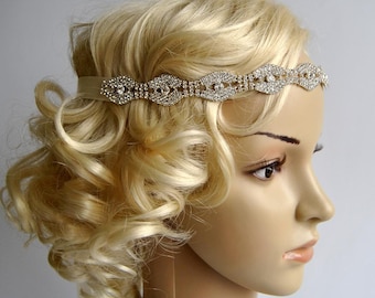 Rhinestone Headband, Great Gatsby Headband, Crystal Headband, Wedding Halo Bridal tie on ribbon Headband Headpiece, 1920s Flapper headband