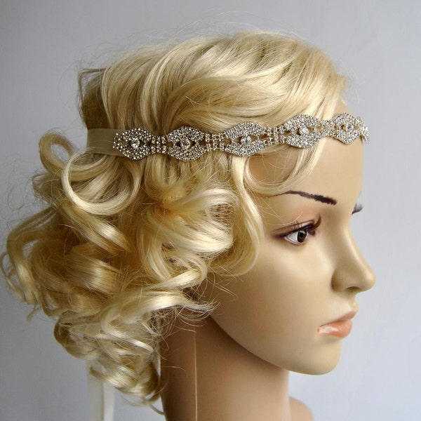 Rhinestone Headband, Great Gatsby Headband, Crystal Headband, Wedding Halo Bridal tie on ribbon Headband Headpiece, 1920s Flapper headband