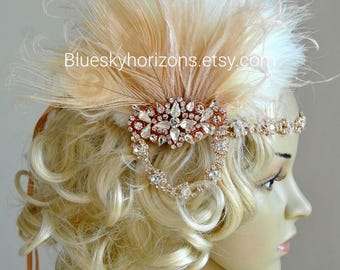 Rose Gold Fascinator Flapper Headband, Great Gatsby 1920s Headpiece Headband, Rose Gold Bridal Party Headpiece Champagne Feathers Hair Clip
