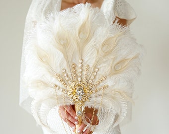 Gold Bridal Fan, brooch Bridal Bouquet, Ostrich Big alternative Feather Fan, Ivory Gatsby 1920s art deco wedding, 1920's bridal fan gift