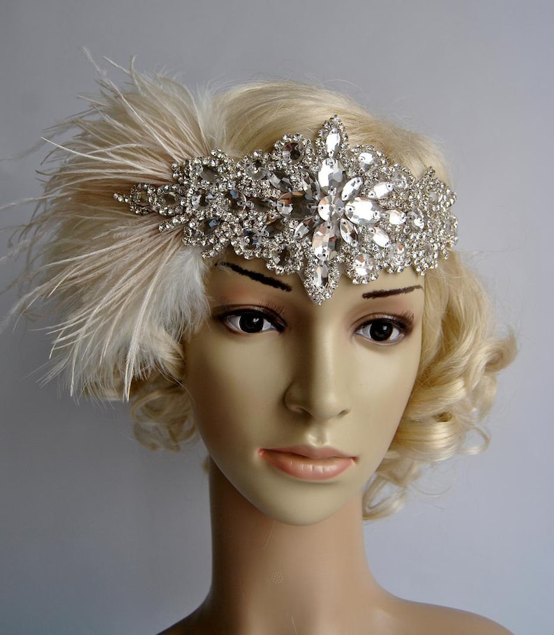 Glamour Rhinestone flapper Gatsby Crystal Headband, Wedding Headpiece, Bridal Headpiece, 1920s Flapper feathers image 3