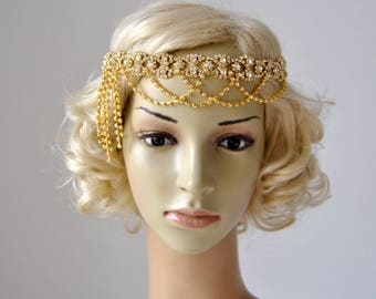 Gold Luxury Rhinestone flapper Gatsby Headband, Chain 1920s Wedding Crystal Headband Headpiece, Bridal Headpiece, 1920s Flapper headband