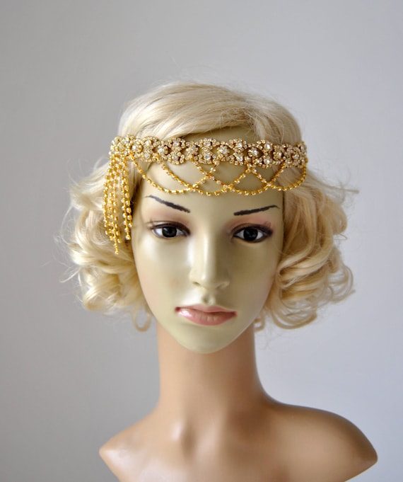 Gold Luxury Rhinestone Flapper Gatsby Headband, Chain 1920s  display picture 1