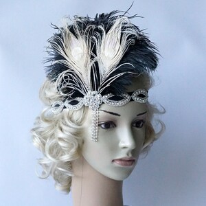 Ivory Peacock 1920s headpiece,rhinestone flapper headband Headpiece, The Great Gatsby, rhinestones headband, rhinestone feather headpiece Black/Ivory