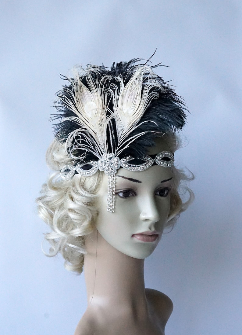 Ivory Peacock 1920s headpiece,rhinestone flapper headband Headpiece, The Great Gatsby, rhinestones headband, rhinestone feather headpiece Black/Ivory