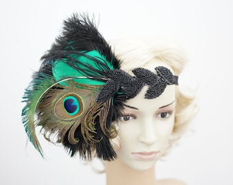 Casque gatsby paon, casque clapet mariée paon des années 1920, cadeau casque bandeau Gatsby strass paon vert