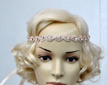 Rose Gold Rhinestone Headband Great Gatsby Crystal Headband Wedding Rose Gold Bridal tie on ribbon Headband Headpiece 1920s Flapper headband