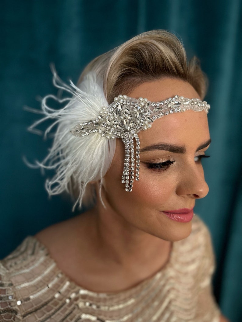 Gatsby 20's ivoor zendspoel hoofdband, parels flapper hoofdband jaren 1920 flapper zendspoel tovenaar, kristallen veer bruids hoofdband cadeau afbeelding 1