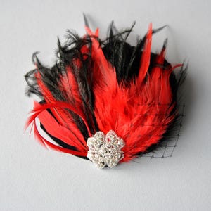 Red Feather Fascinator Hair Clip Downton Abbey 1920's flapper headpiece black red Gatsby Feather bridal fasciantor christmas hair piece image 2