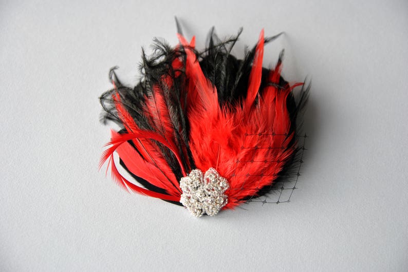 Red Feather Fascinator Hair Clip Downton Abbey 1920's flapper headpiece black red Gatsby Feather bridal fasciantor christmas hair piece image 2