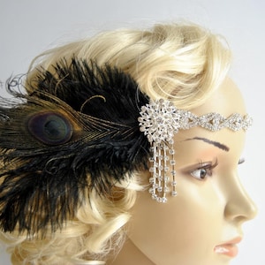 Diseño art déco de la década de 1920, flapper The Great Gatsby, fascinador nupcial de la década de 1920, década de 1930, diadema de cristal de pedrería de plumas, tocado de boda