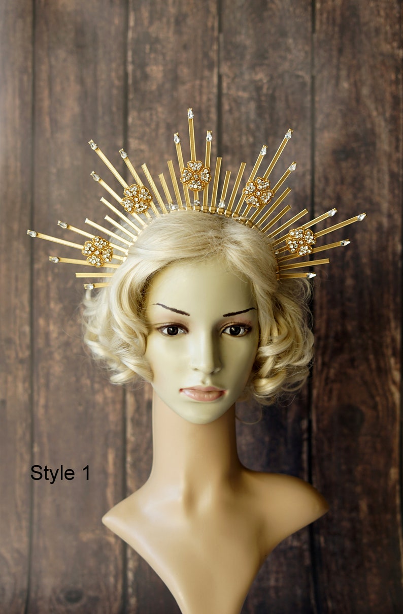 Gold Crystal Halo Crown Fashion Headband Goddess headdress Halo Crown Star Crystal Rhinestone Gold Halo Spiked Headpiece Sunburst Crown