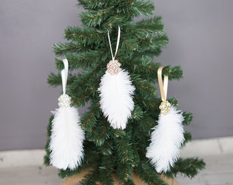 Adornos de árbol de Navidad de plumas, conjunto de decoraciones de invierno de plumas de cristal, adorno de decoración navideña de plumas, adorno de ángel conmemorativo