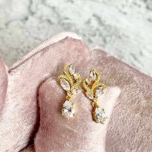 KEIRA gold Wedding Earrings Crystal Drop Bridal Earrings Bridal Jewelry Clear Cubic Zirconia Teardrop Earrings Gold Bridesmaid Earrings,