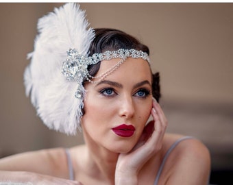 Tocado de diadema de cristal grande con plumas, diadema Gatsby diadema de aleta de boda 1920 fascinador de pedrería nupcial, tocado