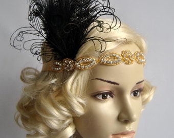 1920er Jahre Flapper Headpiece in gold und schwarz, Art Deco Headpiece, Jazz Age, Old Hollywood, Perlen-Federstirnband für Hochzeiten
