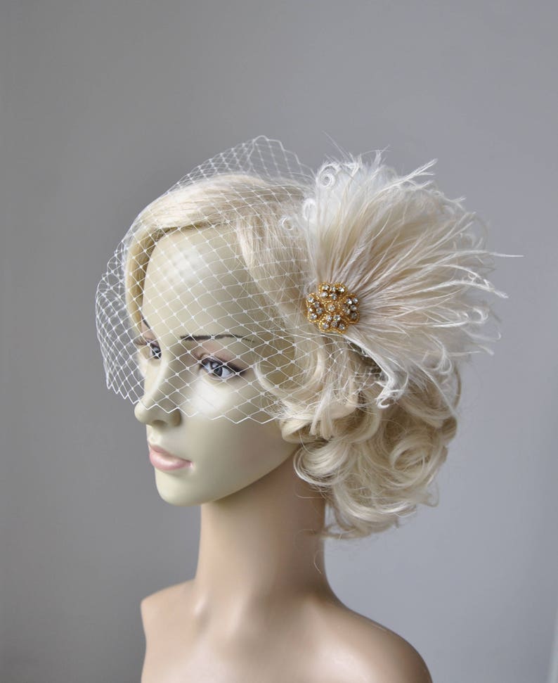 Bridal Veil and gold champagne fascinator Downton Abbey 1920's flapper headpiece ivory, Great Gatsby, birdcage veil set, Feather fasciantor 