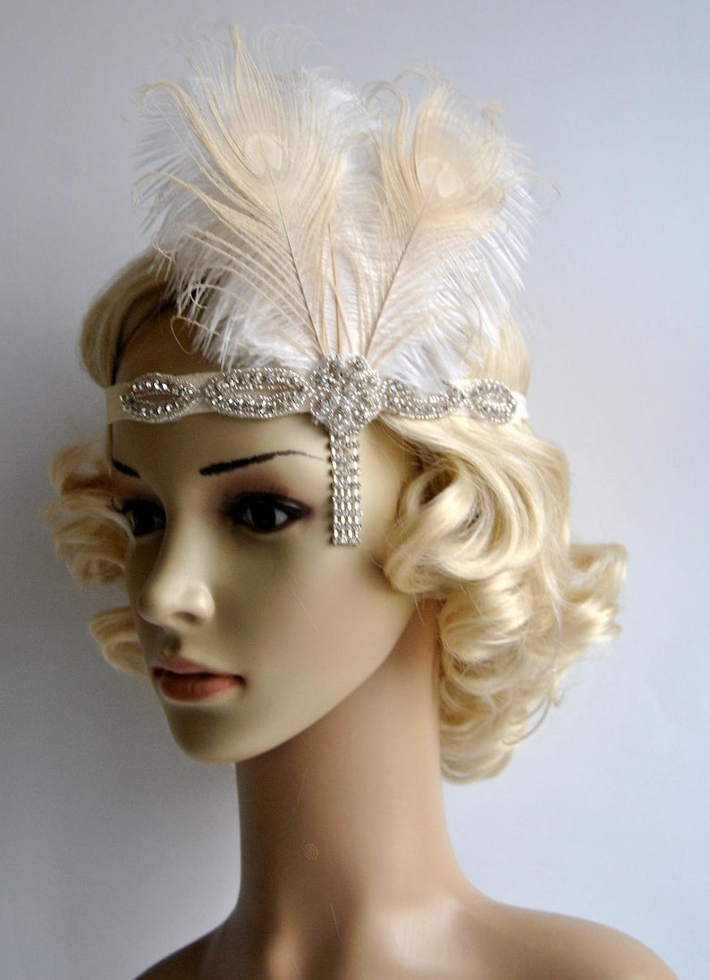 Ivory Peacock 1920s headpiece,rhinestone flapper headband Headpiece, The Great Gatsby, rhinestones headband, rhinestone feather headpiece White/Ivory