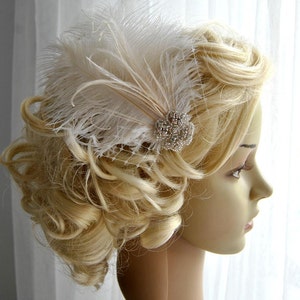 Ivory Rhinestone head piece fascinator Bridal White hairpiece headbpiece, Feather Fascinator, 1920s Headpiece ivory wedding fascinator gift image 4