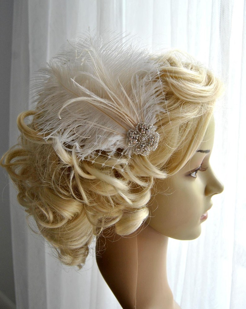 Ivory Rhinestone head piece fascinator Bridal White hairpiece headbpiece, Feather Fascinator, 1920s Headpiece ivory wedding fascinator gift image 4