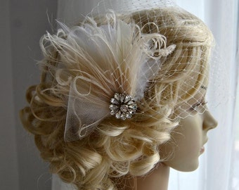 Sluier en ivoren fascinator Downton Abbey jaren 1920 flapper hoofddeksel ivoor, Great Gatsby, vogelkooi sluier set, Feather fasciantor