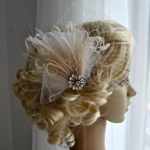 Bridal Veil and fascinator Downton Abbey 1920's flapper headpiece ivory, Great Gatsby, birdcage veil set, Feather fasciantor