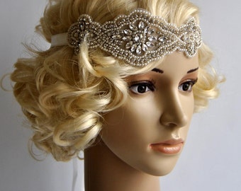 Crystal Rhinestone & Pearls  flapper Gatsby Headband, Wedding Headband, Wedding Headpiece, Halo Bridal Headpiece, 1920s Flapper headband