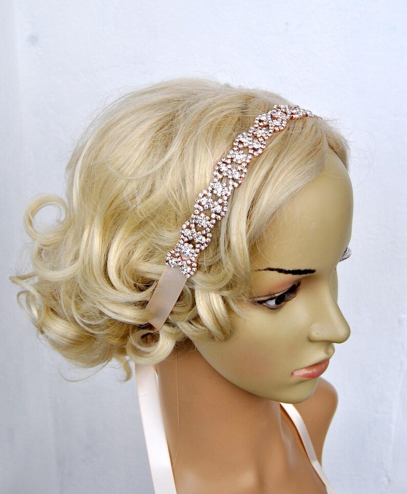 1920s Flapper headband Rose Gold Rhinestone Headband Bridal Wedding Rose Gold Crystal Headband Halo Bridal tie on ribbon Headband Headpiece
