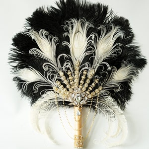 Gold Black Bridal fan brooch Bouquet fan Ostrich Big alternative Feather Fan Bridal fan Ivory Gatsby 1920s art deco wedding bouquet gift