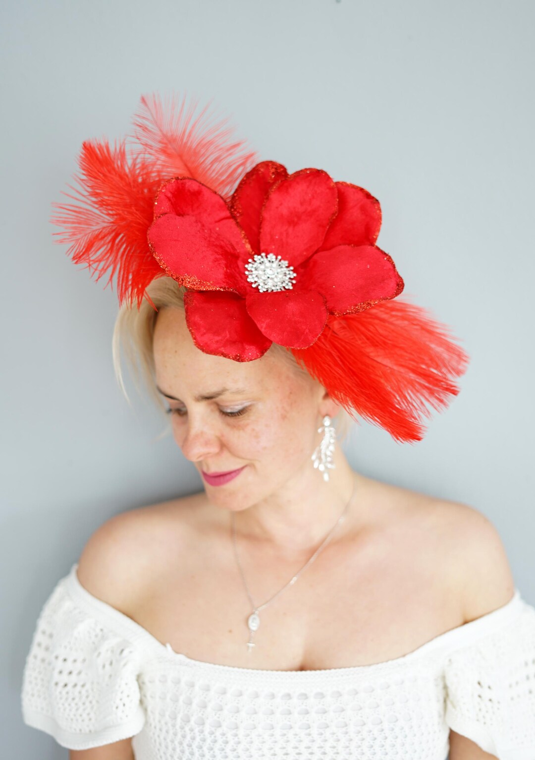 Red Flower Feather Fascinator, Red Derby Hats, Flower  display picture 1