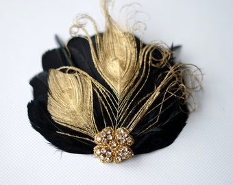 Gold black Feather Hair clip, Gold Peacock Hair Clip, 1920s Crystal headpiece, Silver Bridal hairpiece hair comb, Prom Wedding fascinator