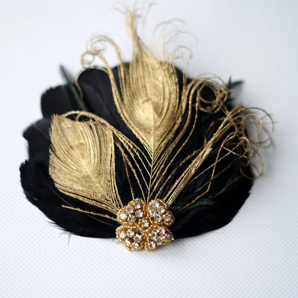 Pince à cheveux plume noire dorée, pince à cheveux paon or, casque en cristal des années 1920, peigne à cheveux de mariée en argent, fascinateur de mariage de bal