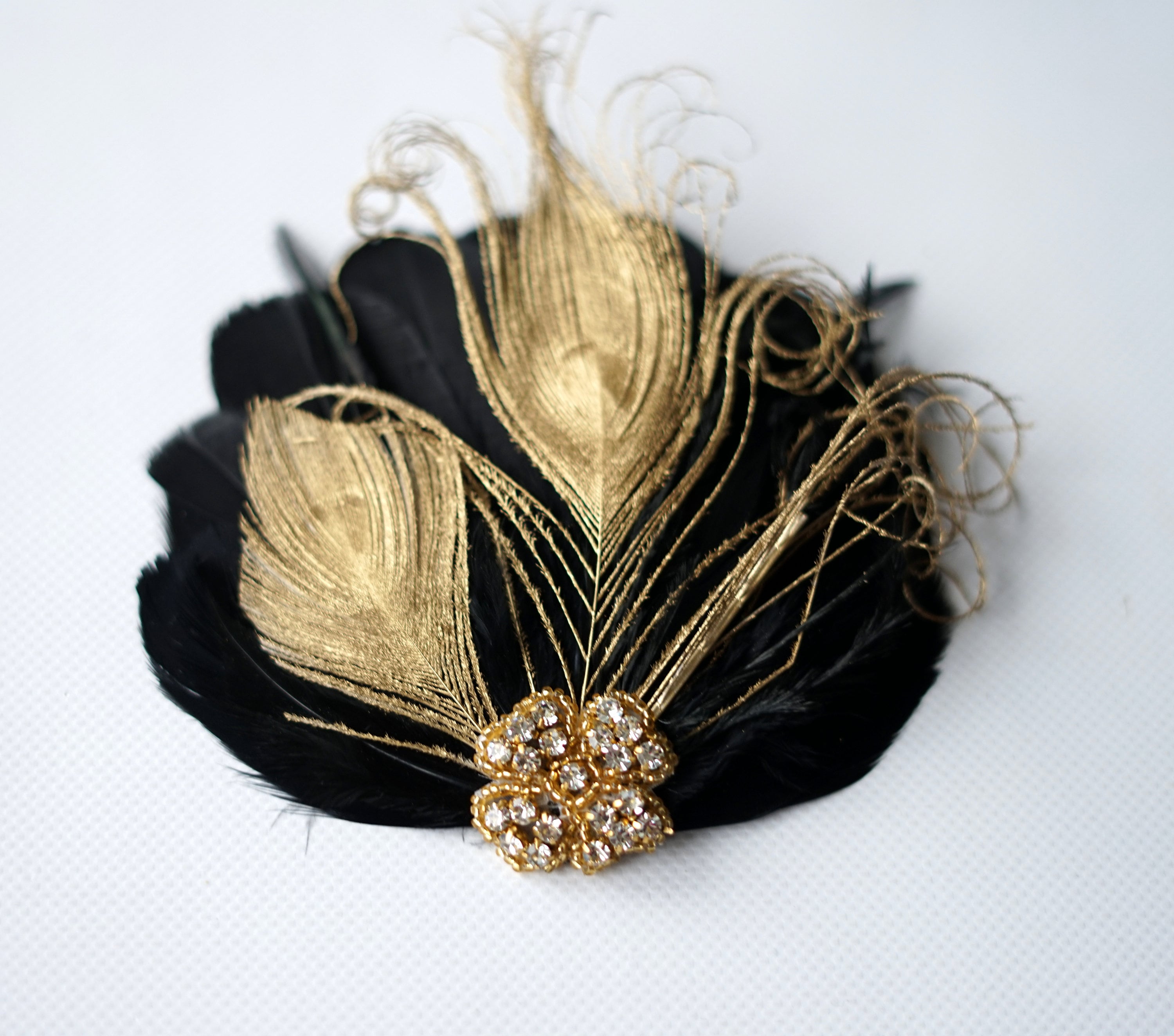 Gold Black Feather Hair Clip, Gold Peacock Hair Clip, 1920s  display picture 1