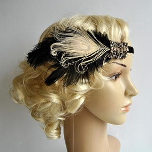 Black Ivory Flapper Headband,The Great Gatsby headpiece, 1920s Flapper Feather Headband, Vintage Inspired,1930's, Feather, Art Deco headband image 1