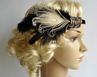 Black Ivory Flapper Headband,The Great Gatsby headpiece, 1920s Flapper Feather Headband, Vintage Inspired,1930's, Feather, Art Deco headband