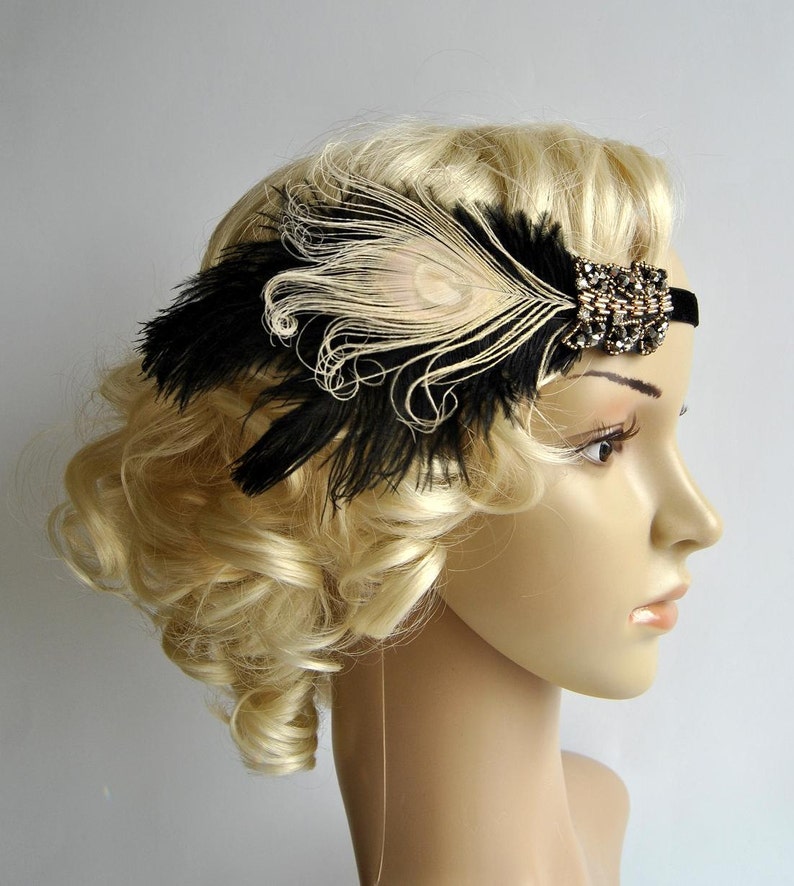 Black Ivory Flapper Headband,The Great Gatsby headpiece, 1920s Flapper Feather Headband, Vintage Inspired,1930's, Feather, Art Deco headband image 1