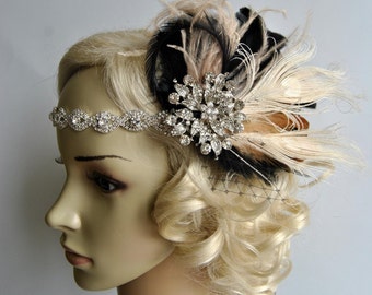 Champage Black Rhinestone Flapper headband 1920's flapper Headpiece Great Gatsby rhinestones headband vintage rhinestone brooch silver black