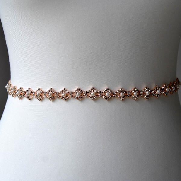 Rose Gold Wedding LISA Rose Gold thin Sash Belt, Rose Gold Bridal dress gown Pearl Crystal Bridal Bridesmaid girl  Sash Belt All around