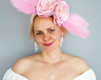 Pink flower feather fascinator,pink Derby Hats, flower feather Tea Party Hat,pink hat fascinator, Kentucky Derby Hat, crystal wedding hat